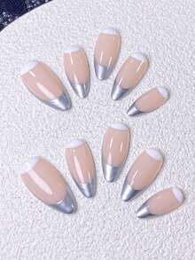 10片限量手工壓接式假指甲，杏仁形假指甲，奢華法式風格美甲，手繪裸粉色與銀色法式指尖設計，透明果凍效果，優雅簡約且百搭，附指甲工具，快速貼合與卸除，適合夏季通勤、約會等，女性與女孩專屬夏季杏仁形指甲貼 - 銀色 - 查看 4