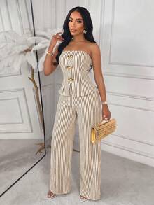 AIJ Amarilo Elegant Women's Strapless Gold Buckle Striped Two Pieces Set, Made Of Medium Stretch Fabric, Creating A Sexy Casual Look Summer - Apricot - View 3