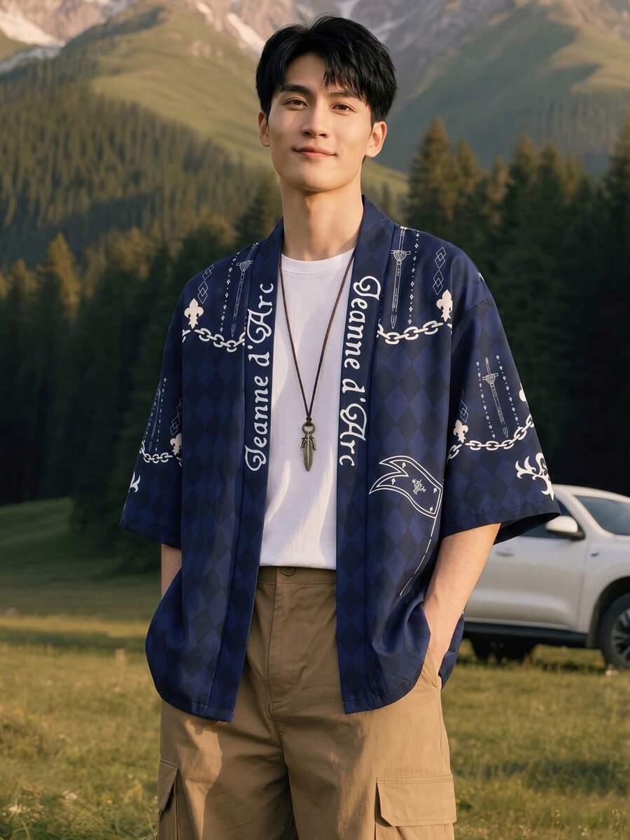 Anime Kimono Jacket, Printed 3/4 Sleeve Robe, Navy Blue Rhombus Pattern Loose Casual Cardigan - Multicolor - View 1