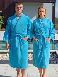 BATA DE BAÑO UNISEX AMPLIA Y LARGA EXCELENTE ABSORCIÓN TELA MICROTOALLA (ALGODÓN CON MICROFIBRA) - Azul turquesa - Ver 4