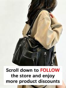Large Capacity High-End New Style One Shoulder Crossbody Bag, Vintage Versatile Tote Bag, Medieval Motorcycle Style - Black - View 4