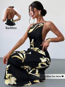Vestido casual de verano sin espalda con tirantes finos y estampado floral, color amarillo mantequilla, para mujer - Negro 2 - Ver 1