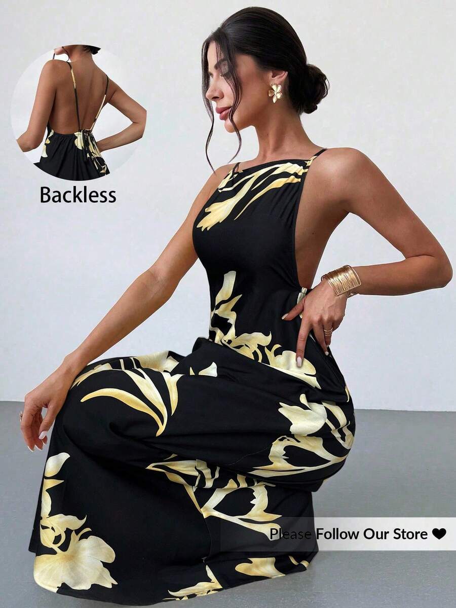 Vestido casual de verano sin espalda con tirantes finos y estampado floral, color amarillo mantequilla, para mujer - Negro 2 - Ver 1