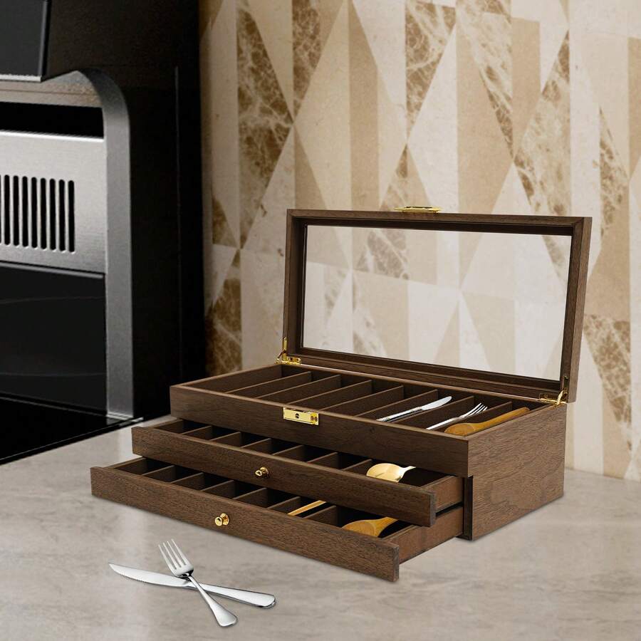 HOHOBLA 3-Layer Pocket Knife Display Case, 22 Slot Lockable Knife Storage Box With Clear Glass Lid, Wooden Collector Organizer Storage Box For Folding Knives - Walnut Color - 3-layer - View 1