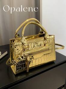 Vintage Crocodile Pattern Gold Purse For Women Mini Zipper Closure Handbag Shiny Texture Shoulder Crossbody Bag For Graduation Back To School Outfits - Multicolor - View 12