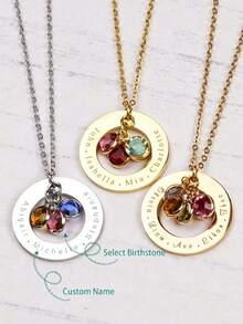 1pc Customizable Birthstone Round Name Necklace, 1-4 Names & Birth Month Gemstone, Women's Family Jewelry, Customizable Necklace, Women's Necklace, Gold & Silver Necklace, Stainless Steel Jewelry, Customizable Item, Customized Name Necklace, Christmas, Halloween, Anniversary, Birthday Gift, Mother's Day, Exclusive Birthday Keepsake For Wife/Girlfriend/Grandma - Multicolor - View 1