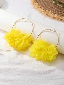 2 Pieces/Set Of Bohemian Style Yellow Floral Fabric Earrings, Suitable For Women's Gatherings And Holiday Gifts - Yellow - View 4