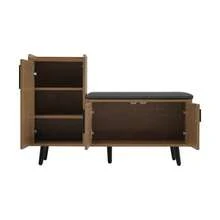 Banco zapatero/mueble de almacenamiento de zapatos moderno con tres puertas de almacenamiento, tiradores metálicos asimétricos y múltiples niveles de almacenamiento - Dimensiones: Ancho 100/Profundidad 34/Alto 69 cm (Referencia anterior N657P192524N) - Color natural - Ver 9