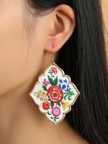 Aboocag 女款菱形金屬片印花垂墜耳環，適合日常配戴 - 彩色 - 查看 1