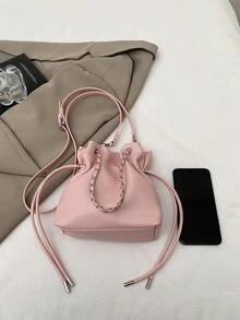 Women's Vintage Autumn PU Chain Drawstring Magnetic Buckle Bucket Bag 2026 New Niche Design Shoulder Crossbody Bag - Pink - View 3