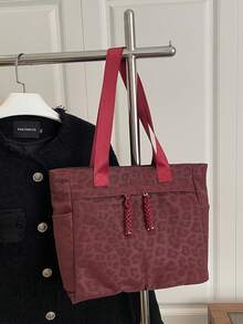 Bolso Tote Grande de Moda Versátil con Textura unicolor Nuevo Bolso Casual Minimalista con Textura Estampado de Leopardo Bolso de Hombro Grande - Burdeos - Ver 6