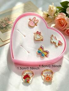 6 piezas Caja de regalo Anillos de esmalte con animales de dibujos animados, Anillos de dedo ajustables versátiles chapados en oro Accesorios, Anillos abiertos de esmalte colorido con unicornio conejo corazón flor mariposa - Dorado - Ver 2