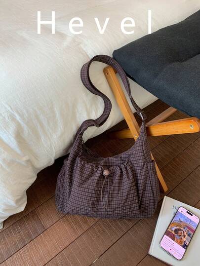 Hevel,New Plaid Drawstring Cloud Pleated Shoulder Bag, Crossbody Bag For Women,Multiple Pockets,Handbags For Women