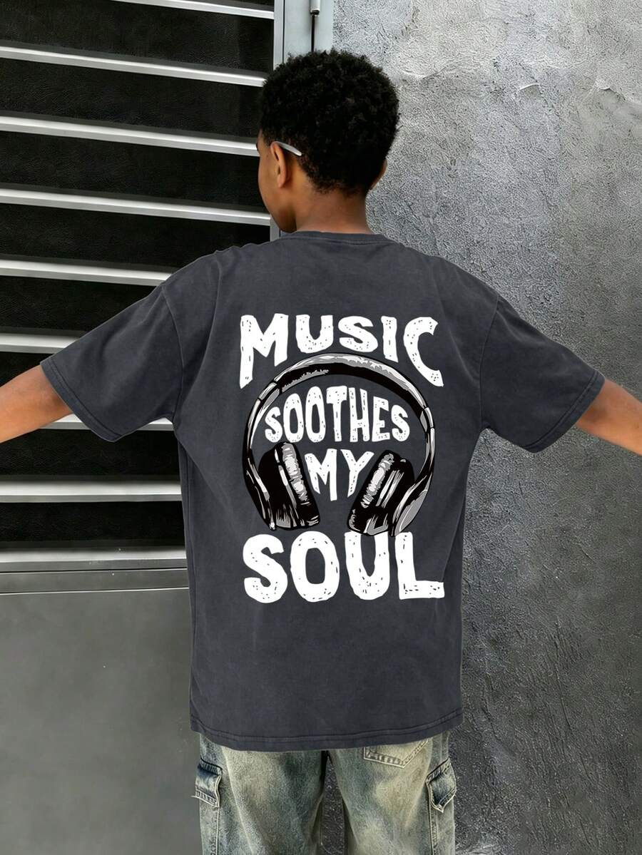 Teen Boys Minimalist Casual Music Style Artist Headphone Print Crew Neck Short Sleeve Pullover Summer New Boys Top - Dark Grey - View 1