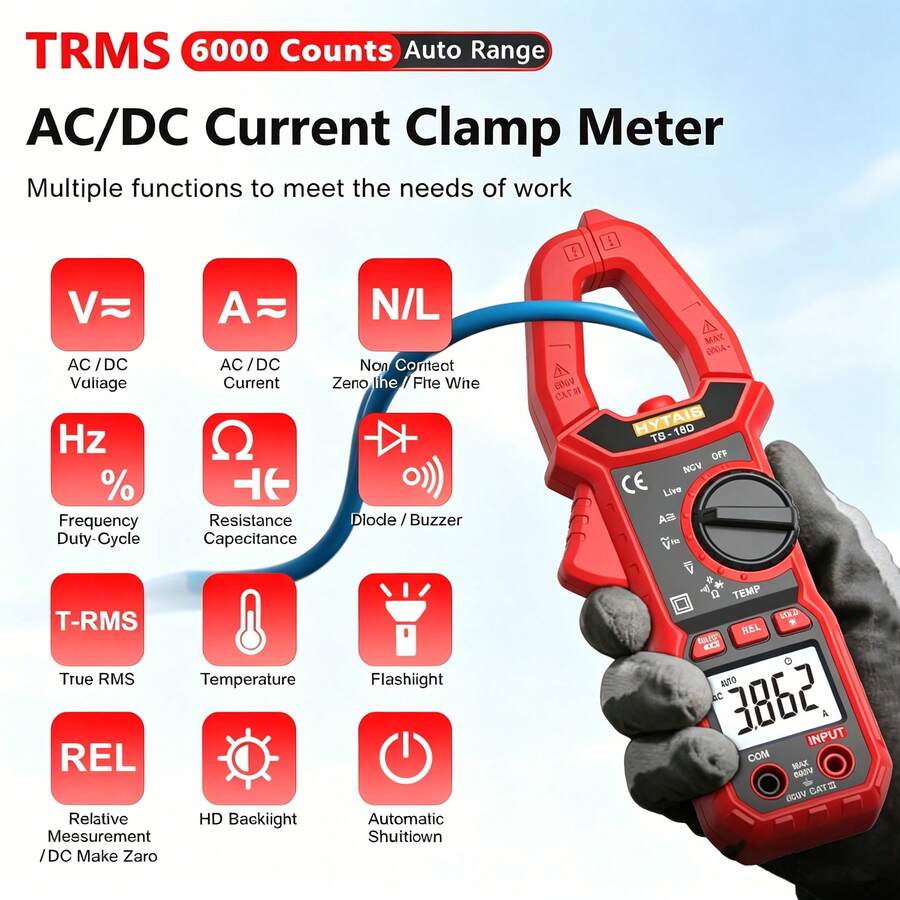 HYTAIS Professional TRMS TS-18D Clamp Meter, 6000 Counts Auto-Ranging, Can Test Current, Voltage, Resistance, NCV, Temperature. Equipped With LED Light, REL Function, Auto Power-Off, 27mm Wide Jaw, Suitable For Electricians, Automotive And Home Wiring Testing Precision Multimeter. - Rose Red - View 1