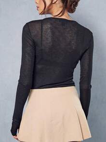New Women's Slim Fit Sheer Layered Knit Top - V-Neck Long Sleeve Design - Suitable For Evening Wear And Casual Daily Wear - Black - View 7