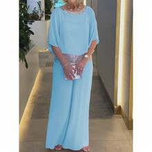 Elegant Sequin Spliced Chiffon Set, Plus Size Crew Neck Batwing Sleeve Spring Summer Formal Suit - Sky Blue - View 3