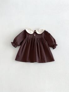 Miniweenns 1 buah Gaun Bayi Perempuan Gaya Kuliah dengan Hiasan Ruffle dan Pita, Model Putri Vintage, Lengan Panjang, Musim Semi/Gugur untuk Kembali ke Sekolah - Coffee Brown - View 4