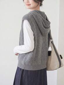 Atasan Sweater Rajut Wanita Polos Minimalis Kasual dengan Tudung, Musim Gugur/Musim Dingin - Grey - View 3