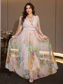 Plus Size Women's New Elegant Romantic Floral Patchwork Design Swing Dress Vacation - Apricot - View 3
