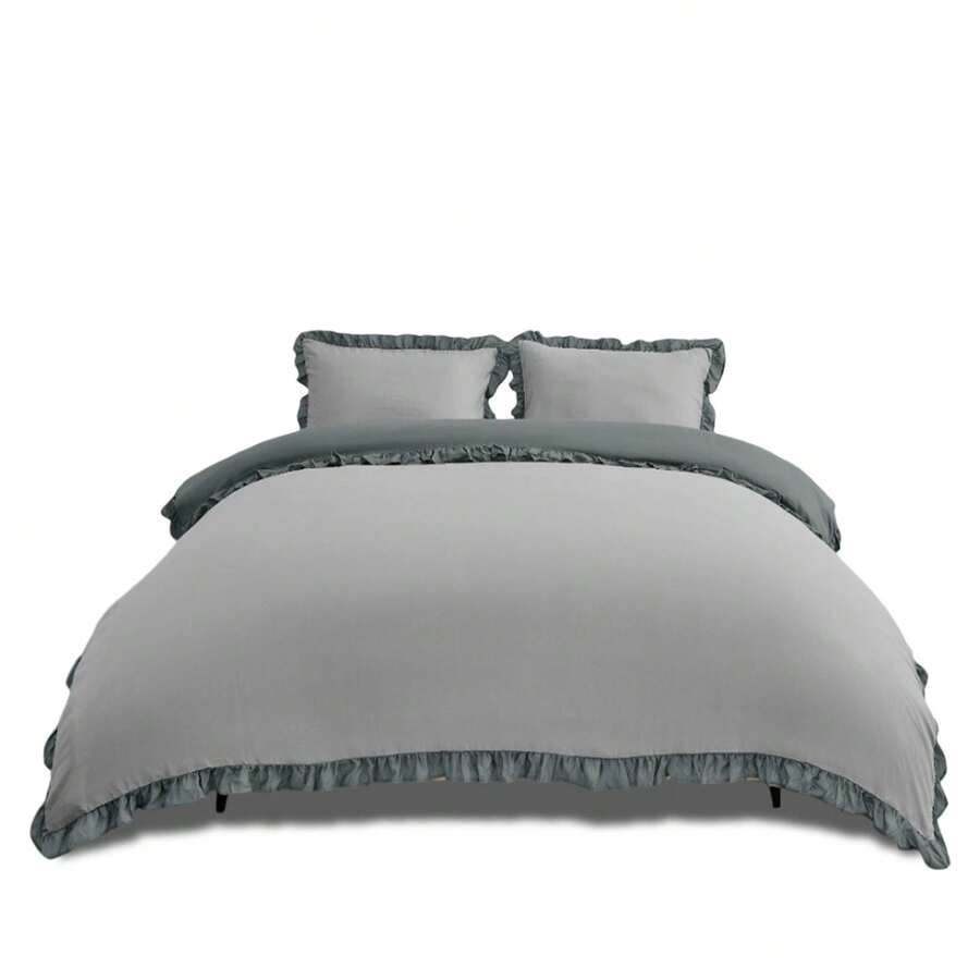 VELVETIO Luxury Kendrick Frill Duvet Cover Set Reversible Bedding Set Soft Smooth Lightweight Microfiber Polyester With Matching Pillow Cases Elegant Ruffle Edge Plain Design Single Double King - Grey/Charcoal - View 1