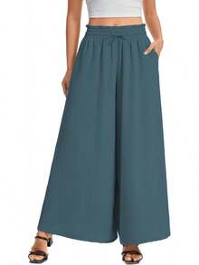Women's Wide Leg Pants, Elastic Waist With Drawstring, Lightweight Loose Casual Trousers With Pockets - 藍色 - 查看 1