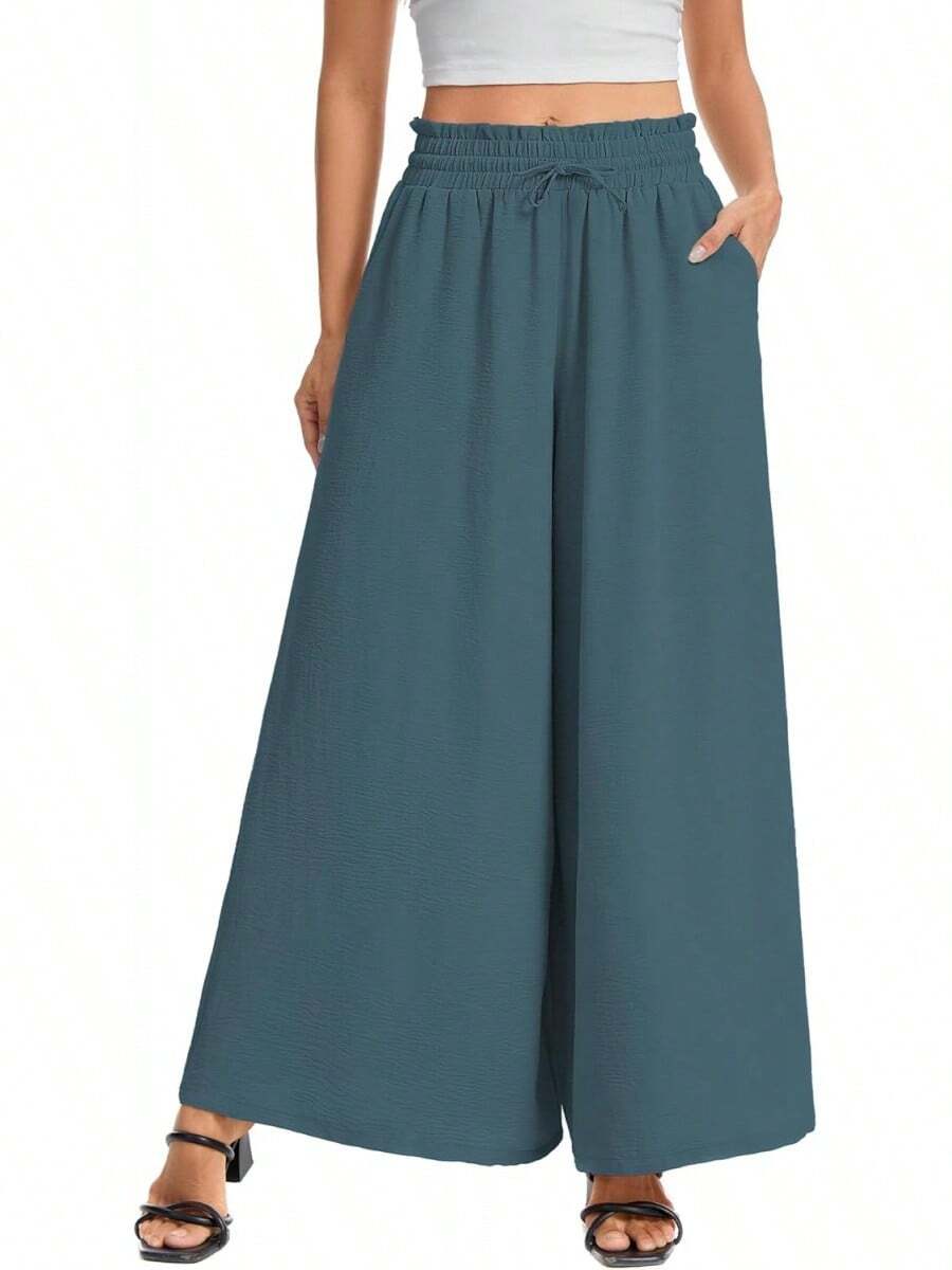 Women's Wide Leg Pants, Elastic Waist With Drawstring, Lightweight Loose Casual Trousers With Pockets - 藍色 - 查看 1