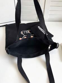 Tas Tote Kanvas untuk Siswa Sekolah Dasar dan Menengah, Tas Bimbingan Belajar Bergambar Kartun, Tas Bahu, Tas Selempang Kanvas, Ransel Serbaguna Kapasitas Besar - Hitam - View 7