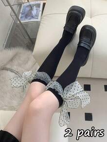 1/2雙女款可愛圓點蝴蝶結小腿襪，透膚天鵝絨中筒絲襪 - 彩色 - 查看 10