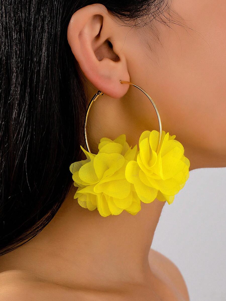 2 Pieces/Set Of Bohemian Style Yellow Floral Fabric Earrings, Suitable For Women's Gatherings And Holiday Gifts - Yellow - View 1