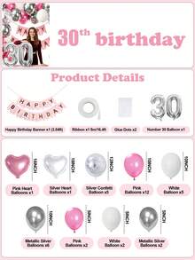 30th Birthday Pink And Silver Birthday Decorations, Pink White Silver Confetti Balloons Happy Birthday Balloon Banner Bobo Balloons Heart Foil Balloons For Birthday Party Decoration Room Decor Wedding Valentines - 30歲生日 - 查看 10