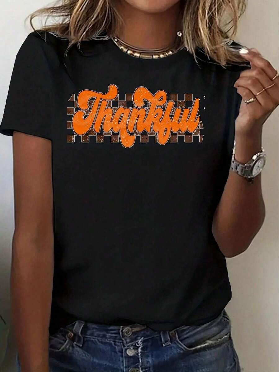 Camiseta negra de manga corta con estampado gr£fico naranja "Agradecido", camiseta casual de uso diario, modara mujer - 220g