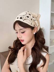 1PC Hollow Flower Headscarf Triangle Scarf Women's Beach Accessory Country Style Headpiece Beach French Hairband 2026 New Vintage Hairband Vacay Bandanas - Beige - View 5