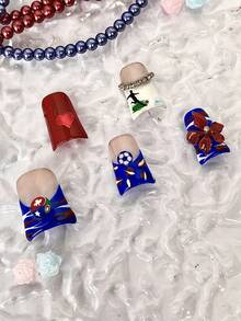 10 piezas Uñas postizas para mujer fan de fútbol, uñas acrílicas falsas hechas a mano, tema rojo & azul, decoración de arte de uñas 3D de fútbol & flores, cuadradas brillantes, reutilizables, suministros de arte de uñas, decoración de arte de uñas - Multicolor - Ver 6