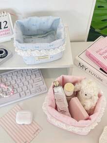 1Pc Cute Lace Ruffle Quilted Storage Basket, Small Bow Print Foldable Desktop Organizer For Cosmetics Sundries Bedroom Decor - Multicolor - View 4