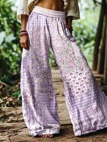Women's Boho Daisy Floral Print Wide Leg Pants Cotton Blend Drawstring Long Casual Trousers For Summer - 紫色 - 查看 3