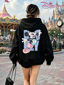 Disney Women's Hooded Sweatshirt, Unisex Sweatshirt, Color-Blocked Mickey Mouse Waving Sweatshirt With Large Lettering. - 黑色 - 查看 4