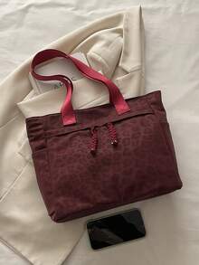 Bolso Tote Grande de Moda Versátil con Textura unicolor Nuevo Bolso Casual Minimalista con Textura Estampado de Leopardo Bolso de Hombro Grande - Burdeos - Ver 4