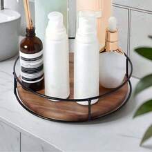 1pc, Wooden Circular Shelf Capable Of Rotating 360 Degrees, Kitchen Spice Bottle Sorting Rack, Desktop Turntable, Storage Rack And Solid Wood Storage Tray. Storage Rack Sundries Organizer Desktop Cabinet Rotating Solid Wood Tray. - Brown - View 4