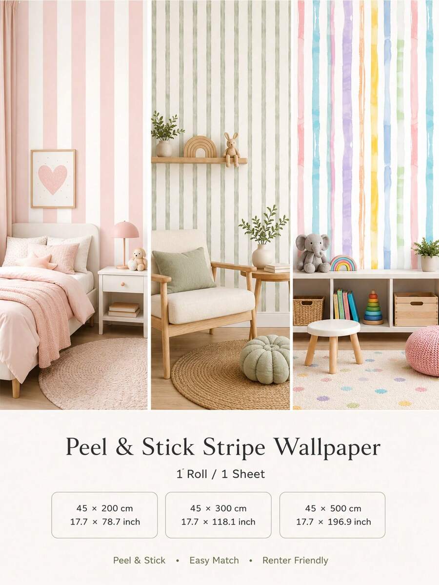 SUPSTICKER 1 卷粉色、多色、浅绿色条纹即撕即贴壁纸，厚实、耐用、可移除，适用于儿童房、托儿所、家居装饰、墙面覆盖、家具改造，有 3 种尺寸可选：17.71x78.74 英寸、17.71x118.11 英寸、17.71x196.85 英寸 - 彩色 - 查看 1