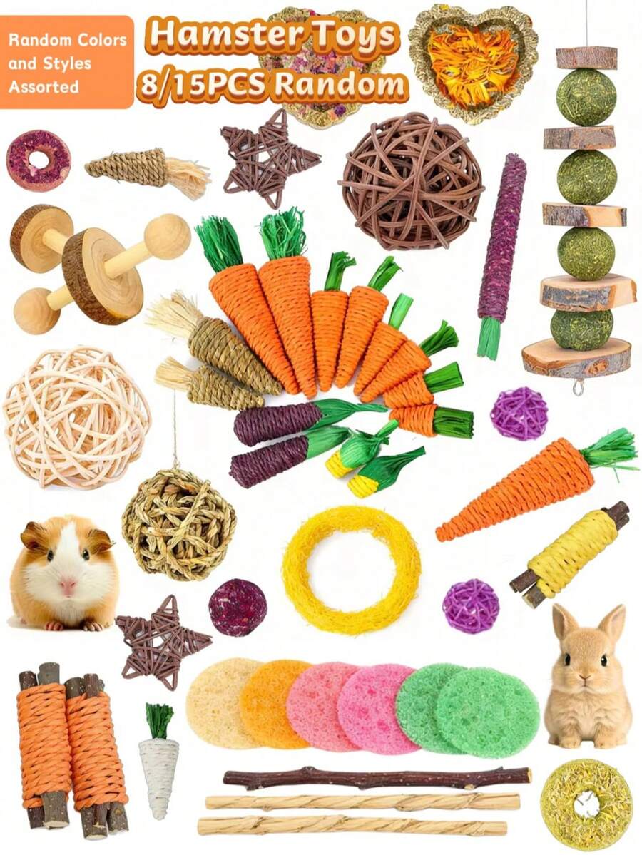 8/15pcs Hamster Chew Stick Set, Small Animal Chew Toys, Rodent Pet Toys, Enrichment Pet Toy Assortment Suitable For Gerbils, Mice, Rabbits And Hamsters