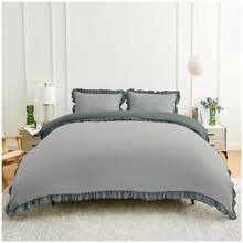 VELVETIO Luxury Kendrick Frill Duvet Cover Set Reversible Bedding Set Soft Smooth Lightweight Microfiber Polyester With Matching Pillow Cases Elegant Ruffle Edge Plain Design Single Double King - Grey/Charcoal - View 2