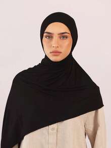 Solid Color 1PC Ready To Wear Instant Hijab Soft Modal Jersey Pre-Sewn Muslim Headscarf - Black - View 2