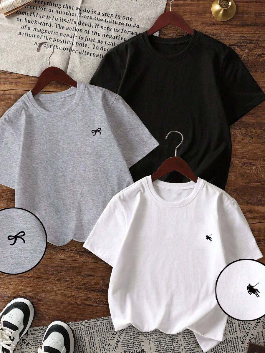Set de 3 camisetas de manga corta de cuello redondo básicas de verano con logo simple, estampado numérico y de letras, uso versátil diario para mujeres - Blanco y negro y gris jaspeado oscuro - Ver 1