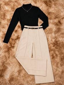 Elegant Women's Winter 2-Piece Set With High-Neck Long-Sleeve Bodysuit And Tailored Trousers + Belt - Winter Fashion - 黑色褲子 米色 - 查看 3