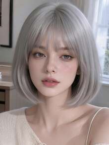 女款 12 英吋銀灰色直劉海假髮，時尚風格，適合 Cosplay 與各種活動 - 灰色 - 查看 2