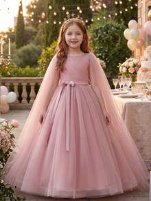 Tween Girl Pink Long Gown Dress With Sheer Cape, Flower Girl Dress For Wedding, Birthday Party - Pink - View 4