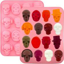 2 moldes de silicona de Halloween, 32 cavidades en forma de calavera 3D de chocolate, caramelos para hornear, moldes de cubitos de hielo, moldes de bandeja para tartas para azcar, manualidades - Rosado - Ver 2