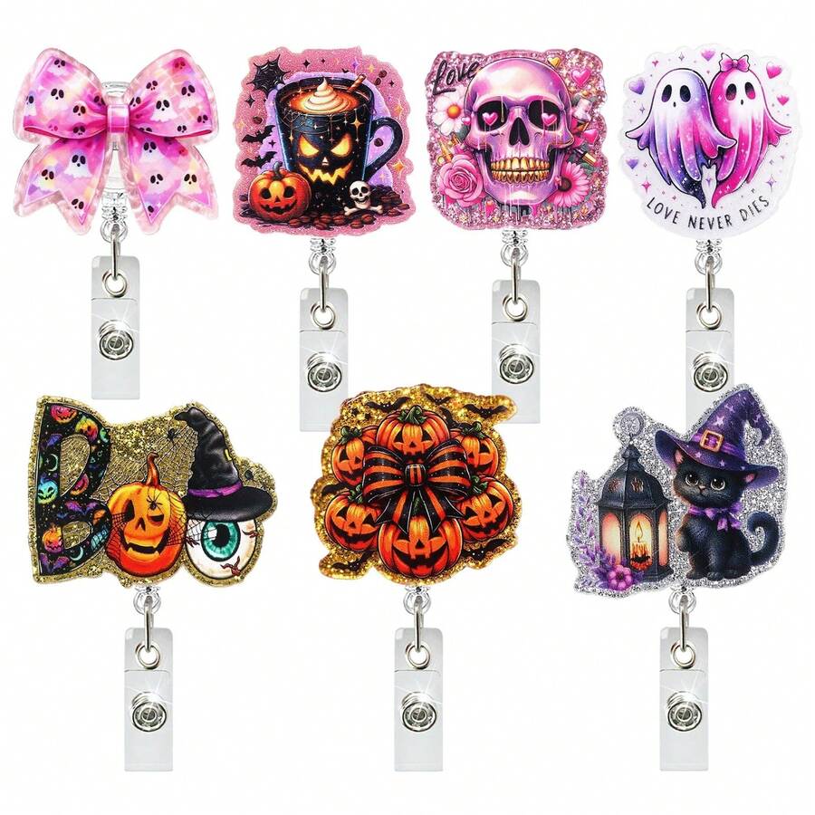 1pc Halloween Pumpkin Ghost Retractable Badge Reel Clip, Swivel Rotating ID Holder For Doctors And Nurses - Multicolor - View 1