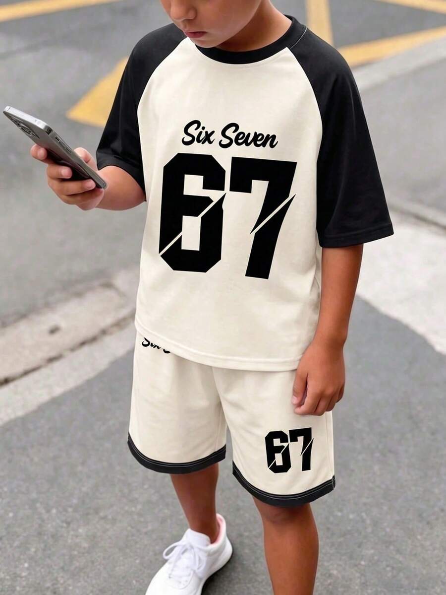 1套男童夏季套裝,對比色圓領短袖T恤配同色短褲,熱門印花數字67酷男孩服飾 - 杏色 - 查看 1